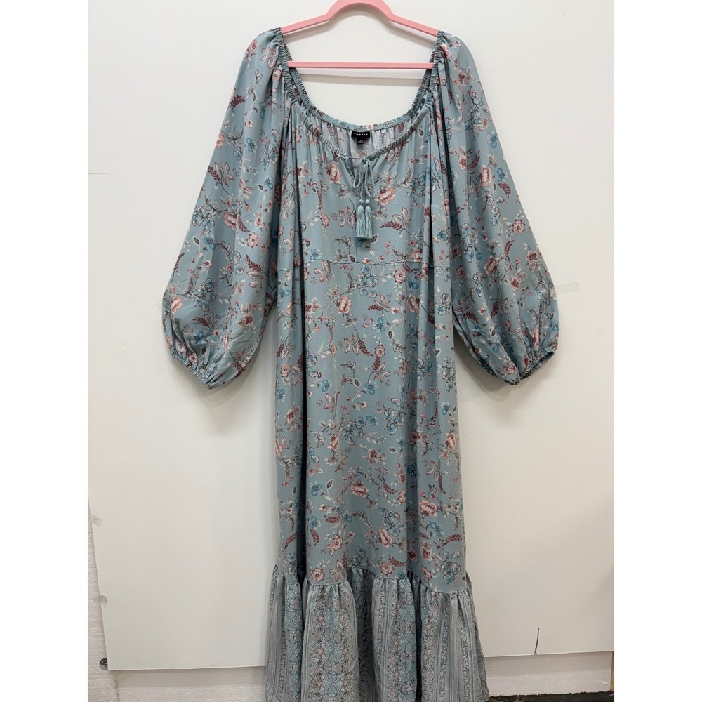 Torrid Maxi Dress 2 Blue Floral Boho Tassel Long Sleeve Tiered Hem - Picture 2 of 10